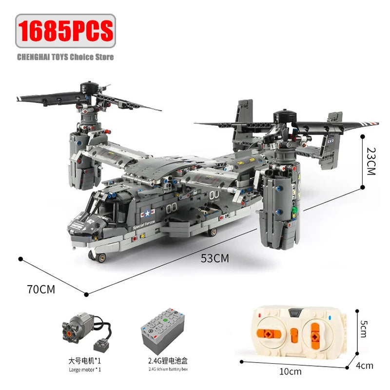 1685PCS V-22 Osprey Tiltrotor Aircraft Building Blocks with Control