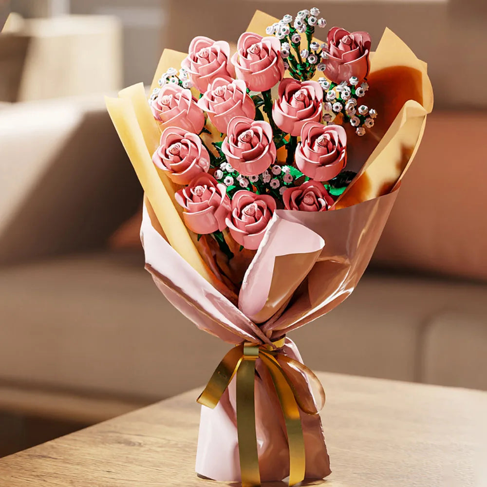 968 PCS Pink Roses Bouquet Bricks