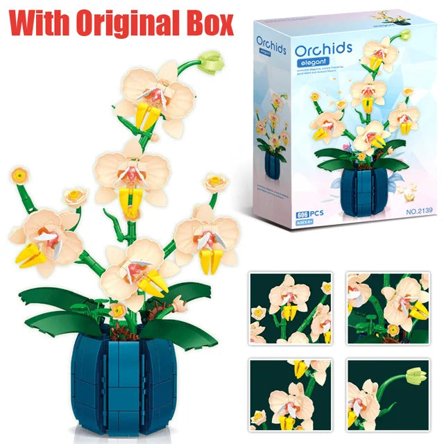 616PCS Pink and Yellow Orchid Flowers Bricks with Pot