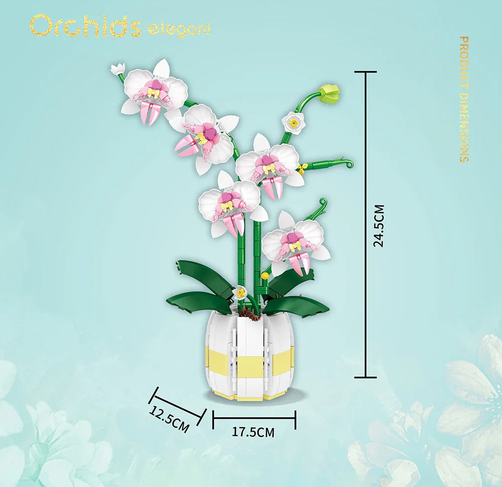 616PCS Pink and Yellow Orchid Flowers Bricks with Pot