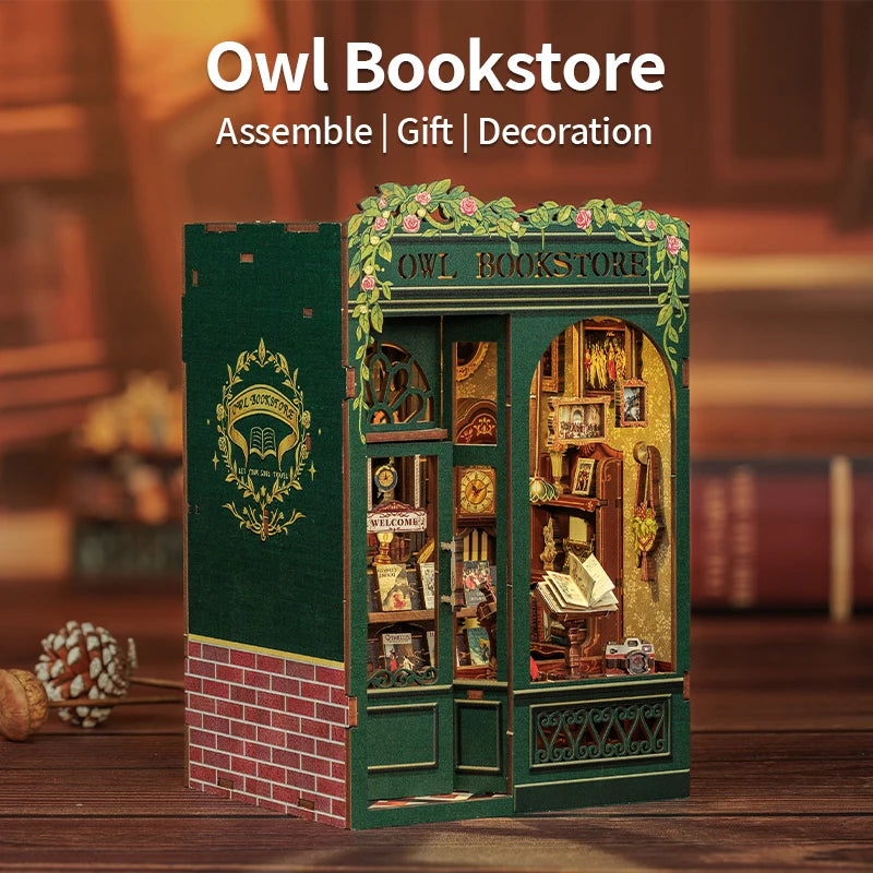 DIY 3D Book Nook Kit Miniature Wooden Owl Dollhouse Bookstore with LED