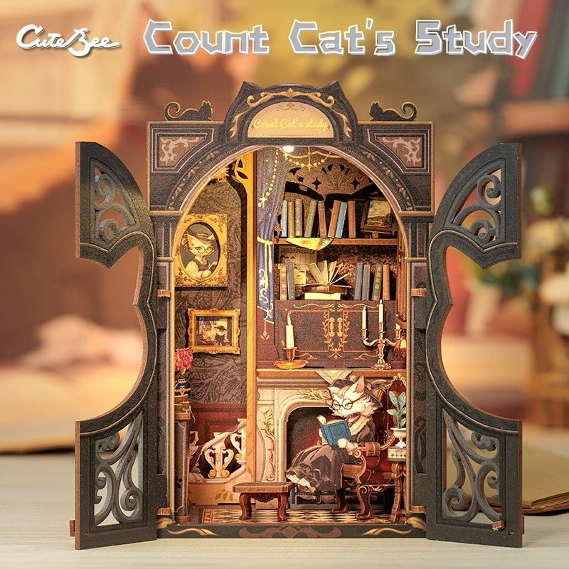 DIY 3D Book Nook Kit Miniature Wooden Owl Dollhouse Bookstore with LED