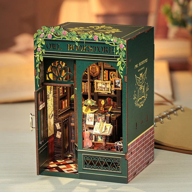 DIY 3D Book Nook Kit Miniature Wooden Owl Dollhouse Bookstore with LED