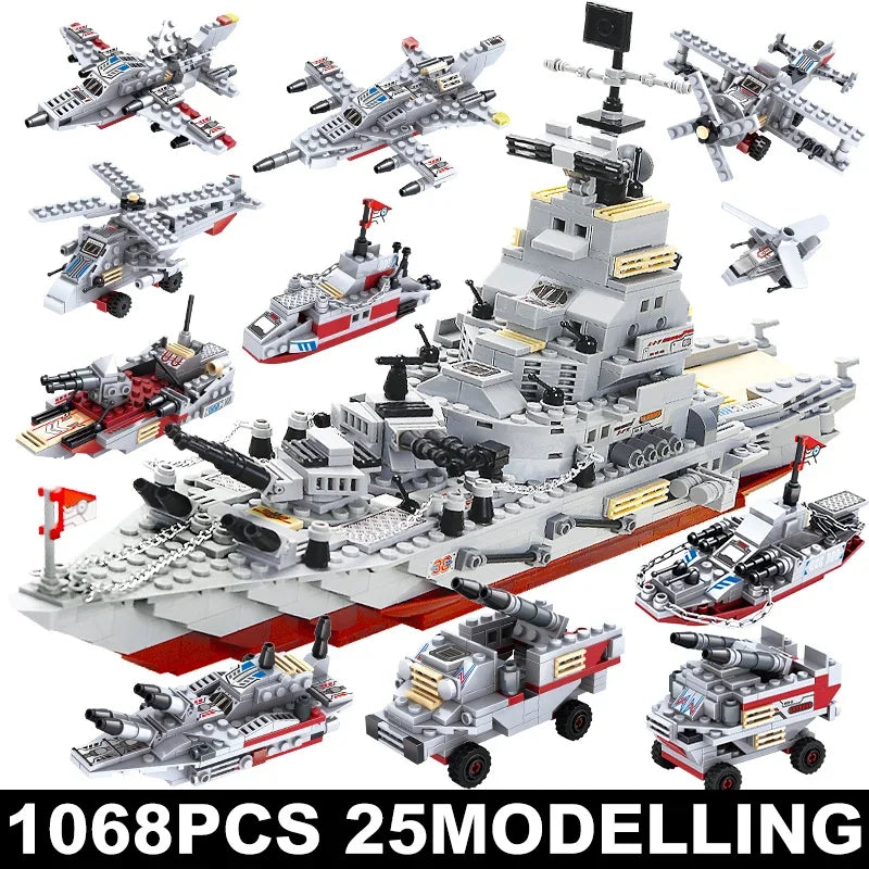 1068PCS 8in1 Navy Warships Building Blocks Chariot Ship Boat Plane