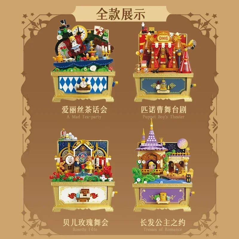 Disney Fairy Tale Building Bricks Mucis Box Alice Pinocchio Rapunzel Beauty and Beast