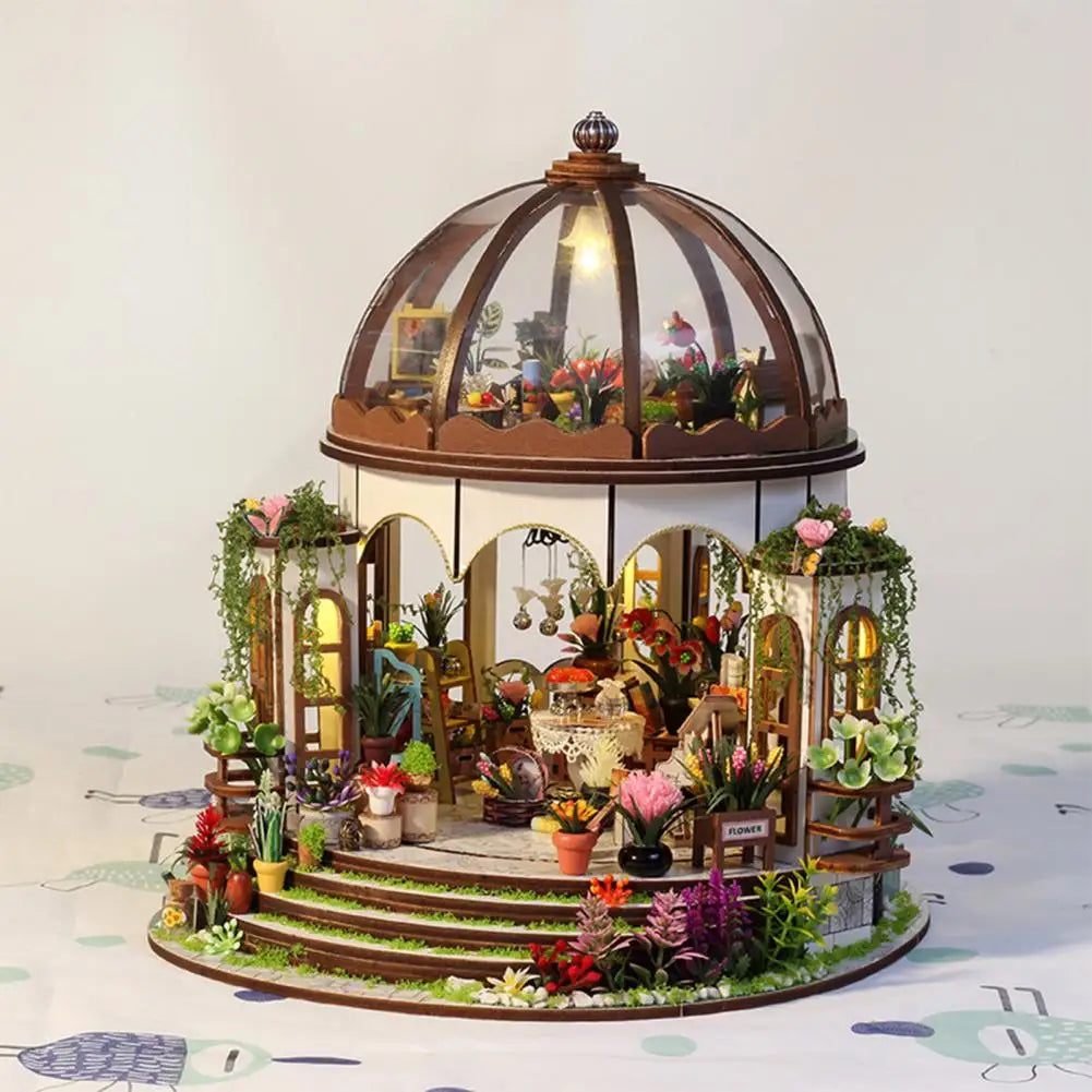 DIY Miniature Wooden Puzzle Garden House Greenhouse with LED