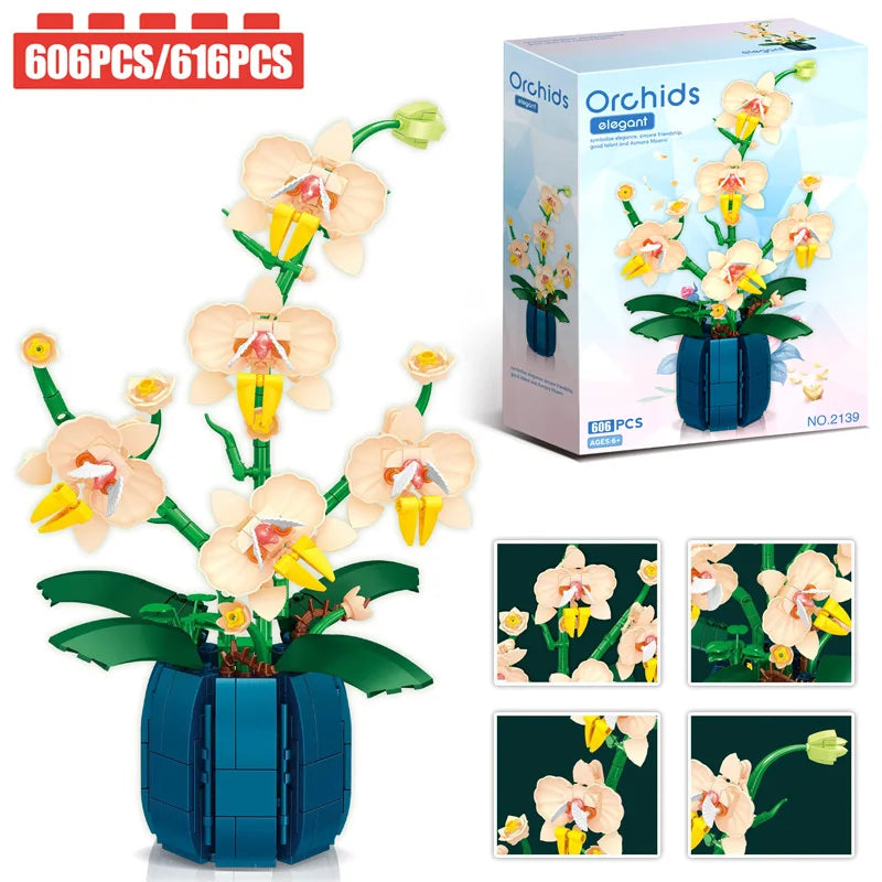 616PCS Pink and Yellow Orchid Flowers Bricks with Pot