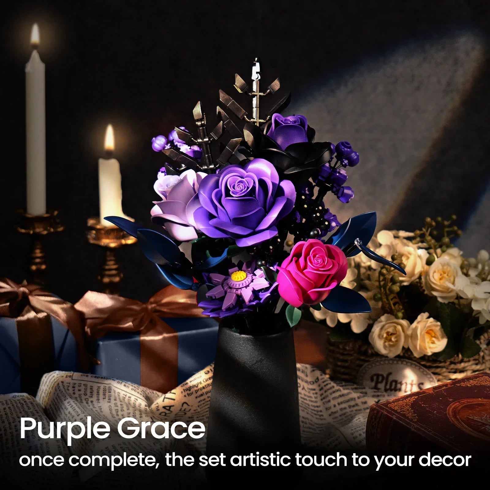 736 PCS Purple Rose Botanical Building Block with Gothic Decor