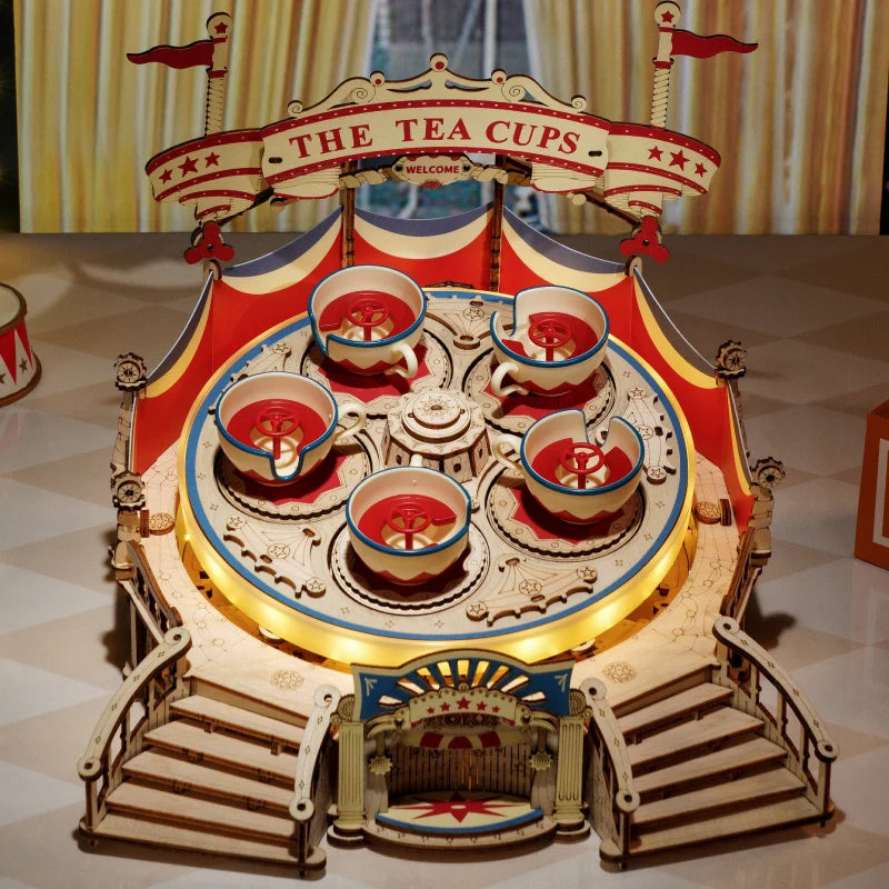 3D Wooden Puzzle Tilt-A-Whirl The Tea Cup Amusement Park with Motor and LED