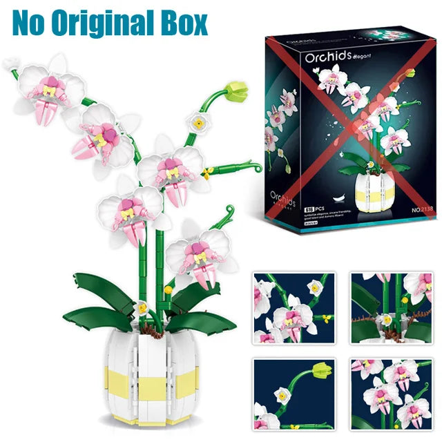 616PCS Pink and Yellow Orchid Flowers Bricks with Pot