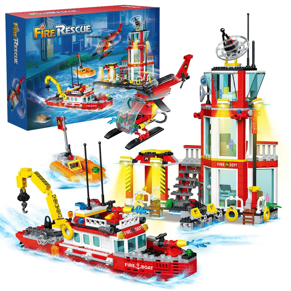 779PCS City Oceans Fire Station Blocks with Fire Station,Fire Helicopter,Fire Ship,Rescue Boat