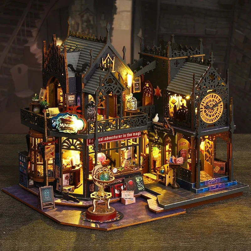 3D Big DollHouse Wooden Puzze House and Clock Tower with Mini Furniture