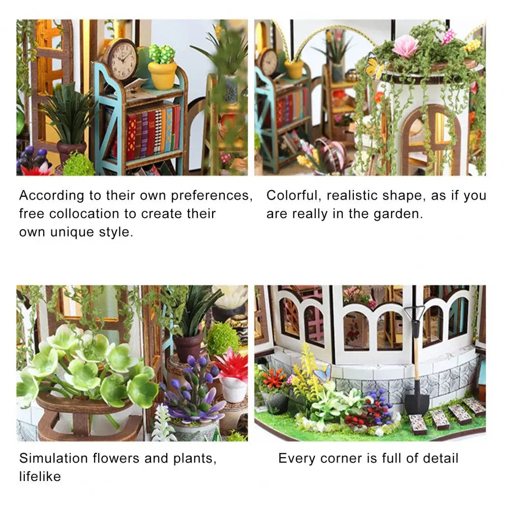 DIY Miniature Wooden Puzzle Garden House Greenhouse with LED