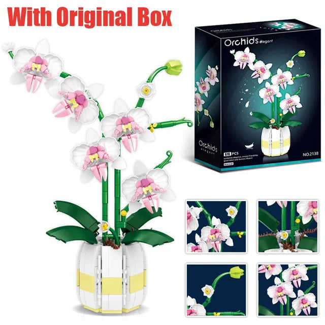 616PCS Pink and Yellow Orchid Flowers Bricks with Pot