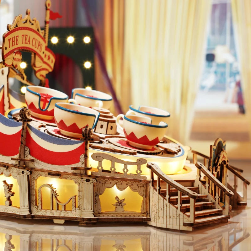 3D Wooden Puzzle Tilt-A-Whirl The Tea Cup Amusement Park with Motor and LED