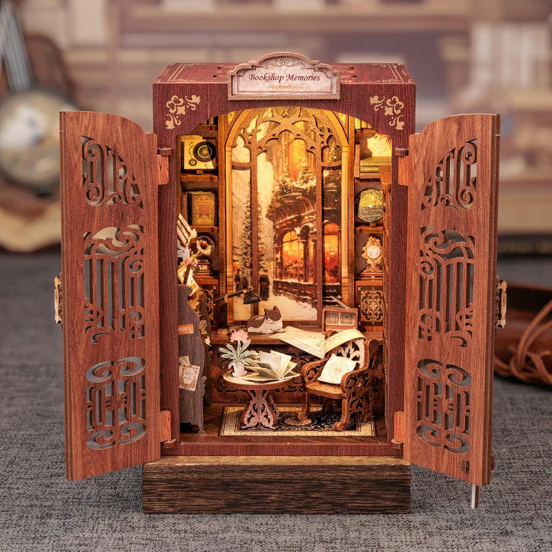 DIY 3D Book Nook Kit Miniature Wooden Owl Dollhouse Bookstore with LED