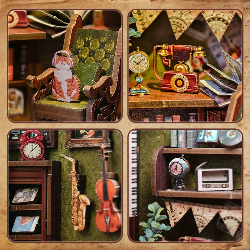 DIY 3D Book Nook Kit Miniature Wooden Owl Dollhouse Bookstore with LED