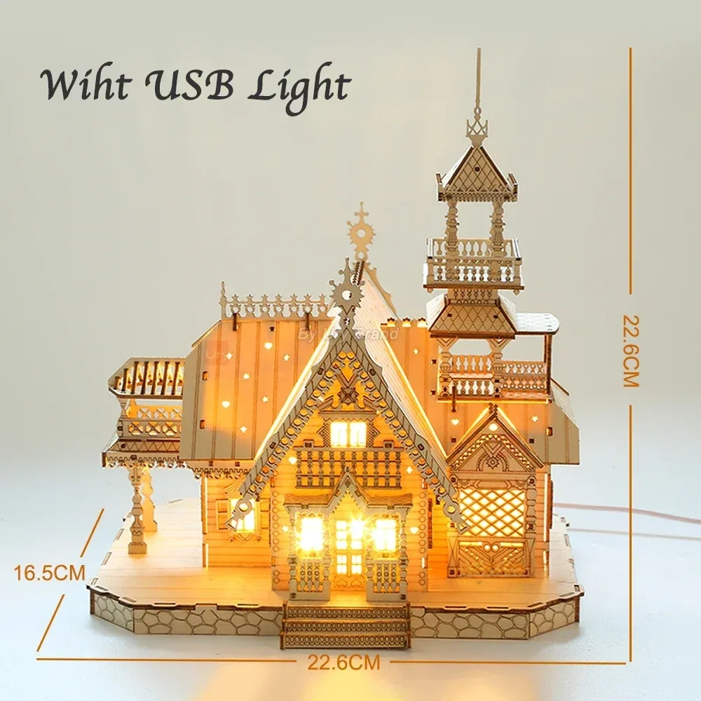 3D Wooden Puzzle Villa House Royal Castle with Light Assembly Toy