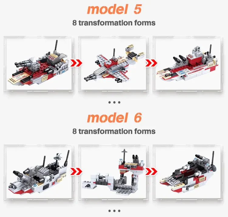 1068PCS 8in1 Navy Warships Building Blocks Chariot Ship Boat Plane