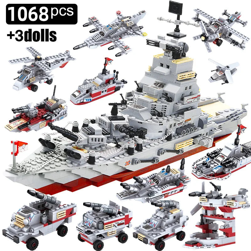 1068PCS 8in1 Navy Warships Building Blocks Chariot Ship Boat Plane