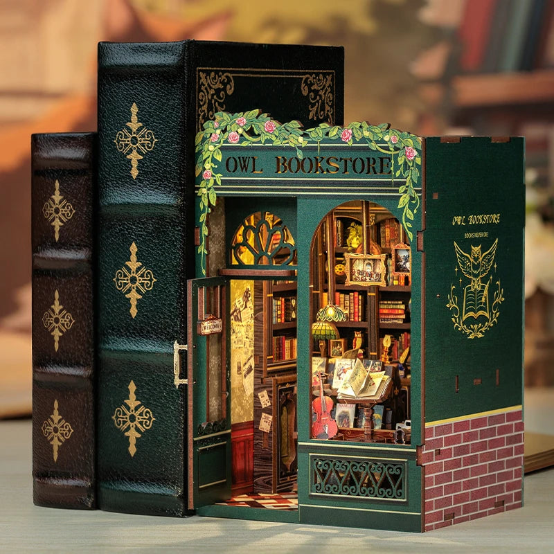 DIY 3D Book Nook Kit Miniature Wooden Owl Dollhouse Bookstore with LED