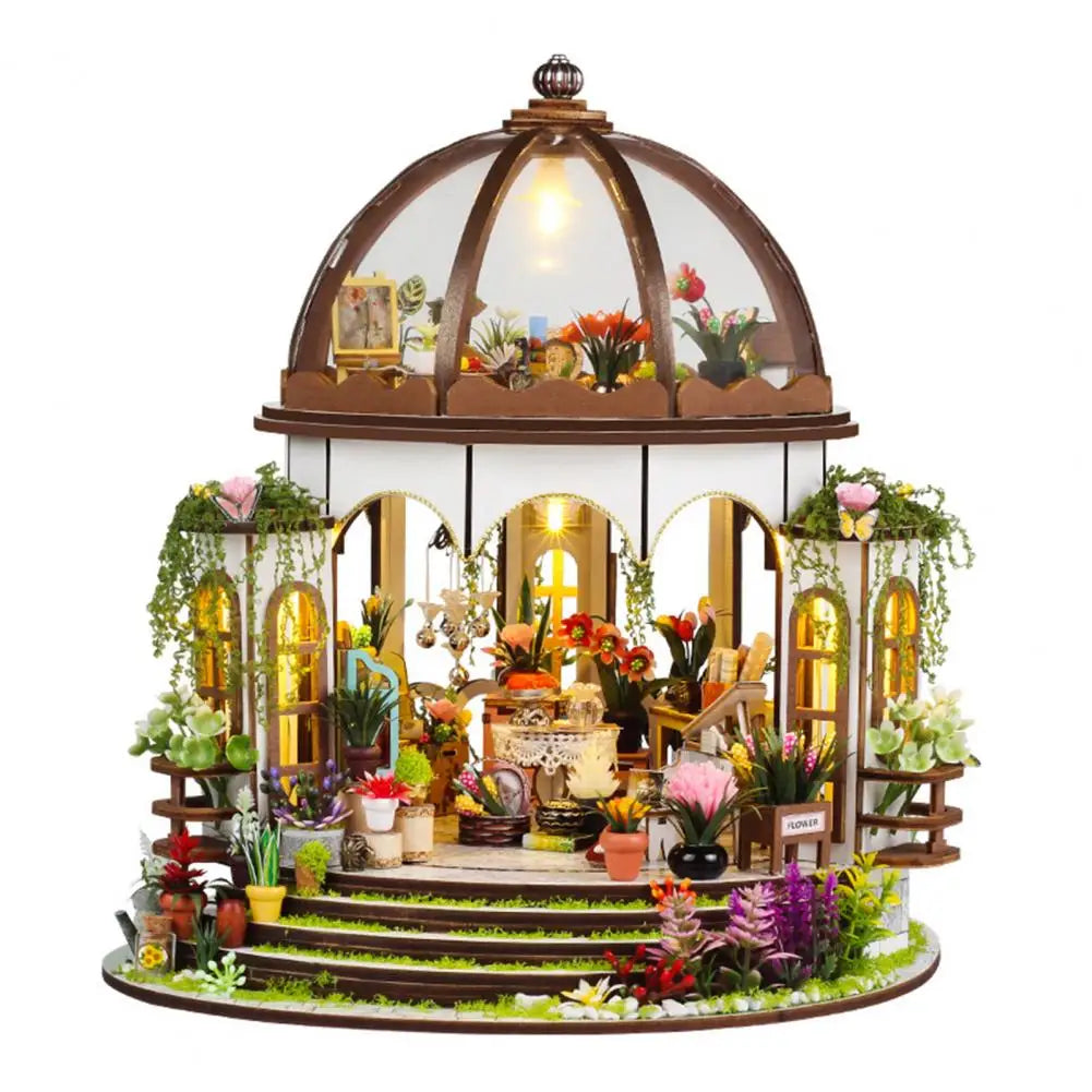 DIY Miniature Wooden Puzzle Garden House Greenhouse with LED
