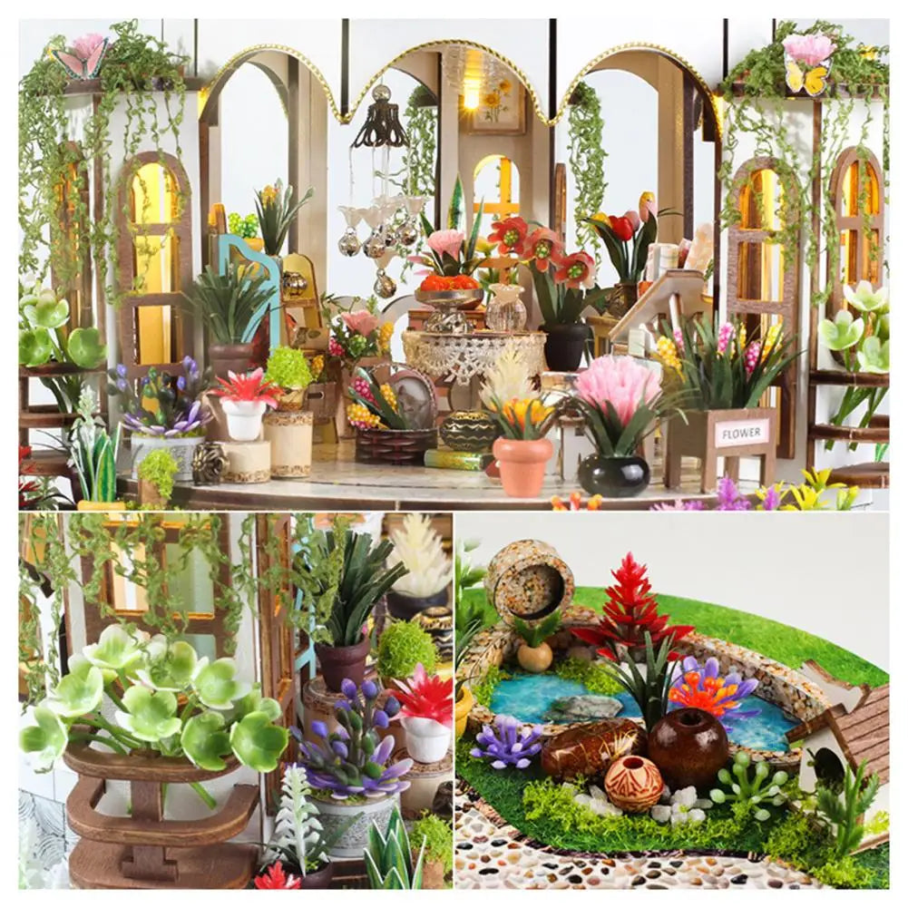 DIY Miniature Wooden Puzzle Garden House Greenhouse with LED