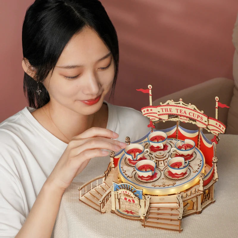 3D Wooden Puzzle Tilt-A-Whirl The Tea Cup Amusement Park with Motor and LED