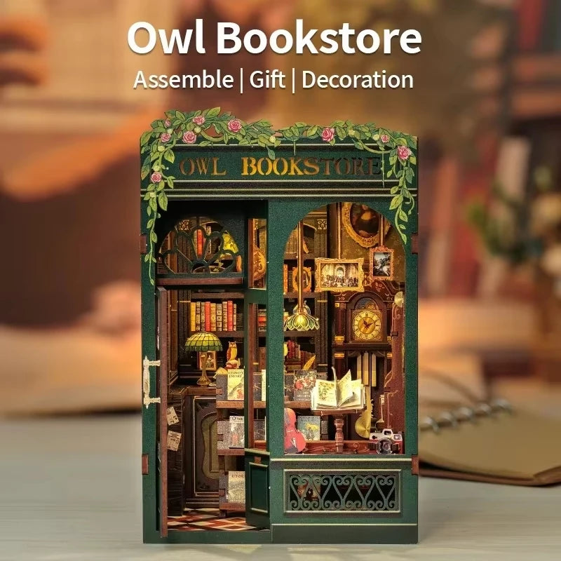 DIY 3D Book Nook Kit Miniature Wooden Owl Dollhouse Bookstore with LED
