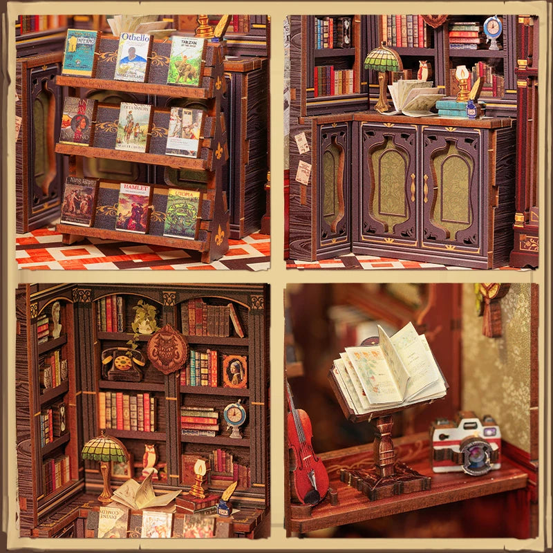 DIY 3D Book Nook Kit Miniature Wooden Owl Dollhouse Bookstore with LED