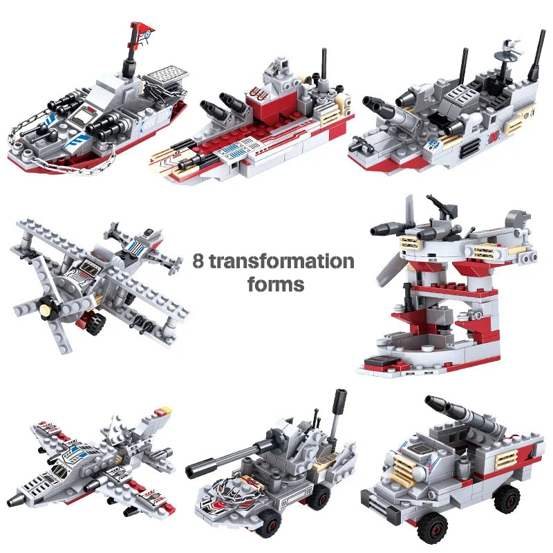 1068PCS 8in1 Navy Warships Building Blocks Chariot Ship Boat Plane