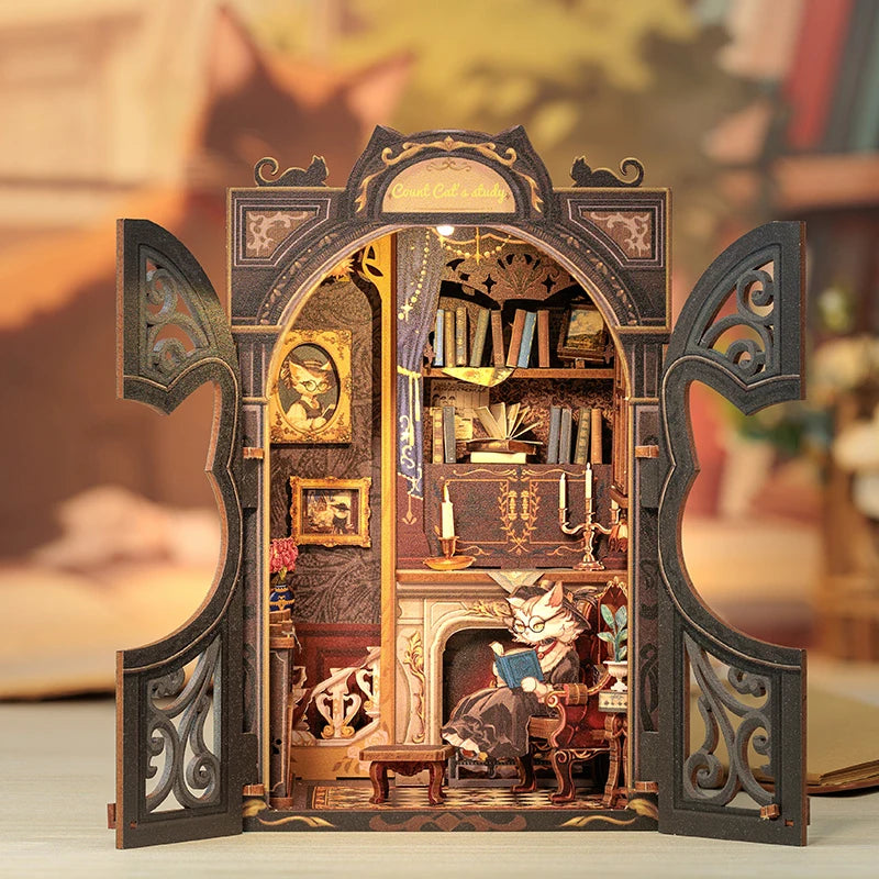 DIY 3D Book Nook Kit Miniature Wooden Owl Dollhouse Bookstore with LED