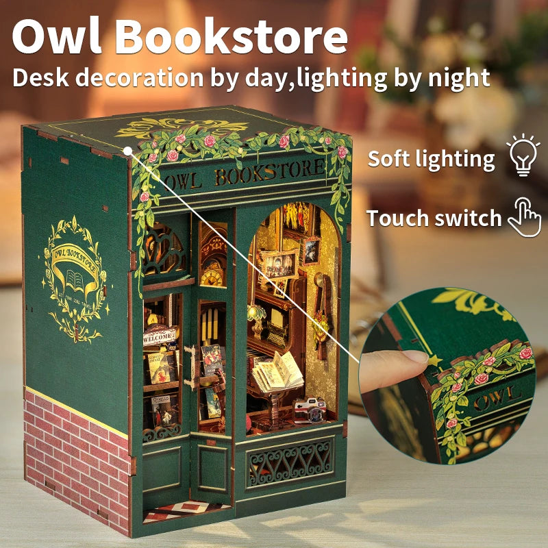 DIY 3D Book Nook Kit Miniature Wooden Owl Dollhouse Bookstore with LED