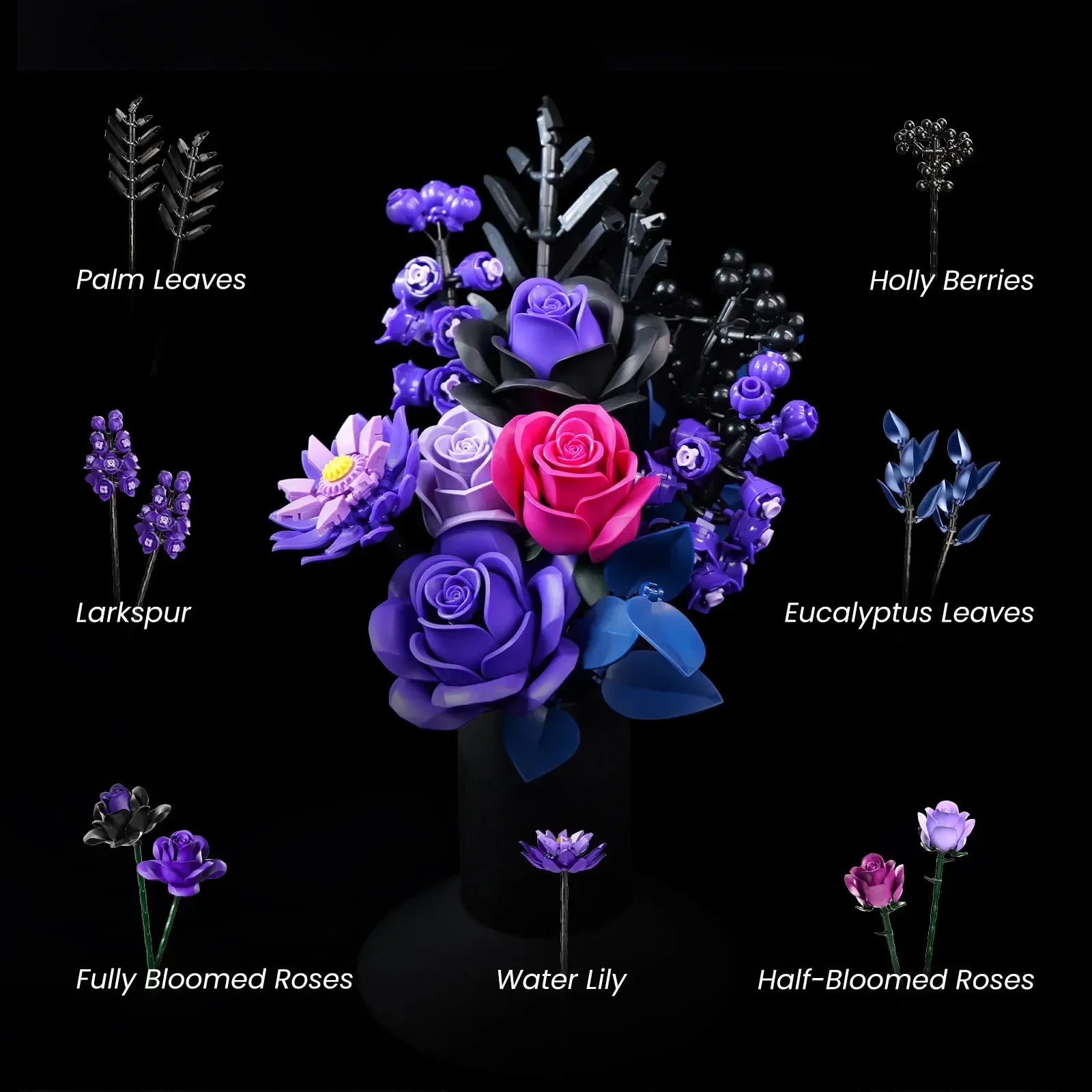 736 PCS Purple Rose Botanical Building Block with Gothic Decor