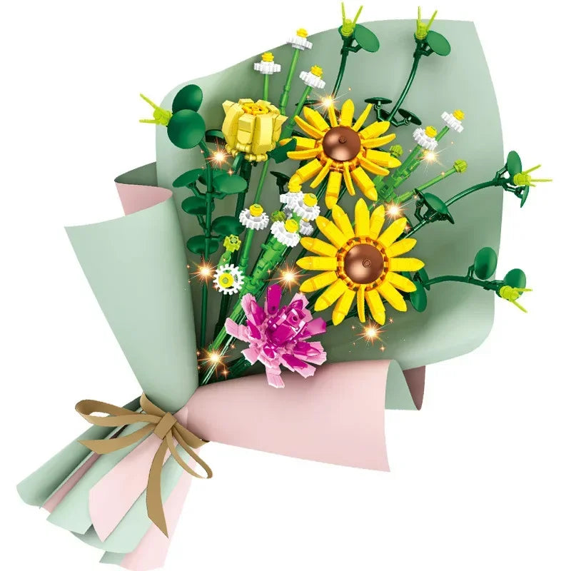 439PC Flower Bouquet Building Set Carnation Sunflower Chamomile with Light and Floral Paper