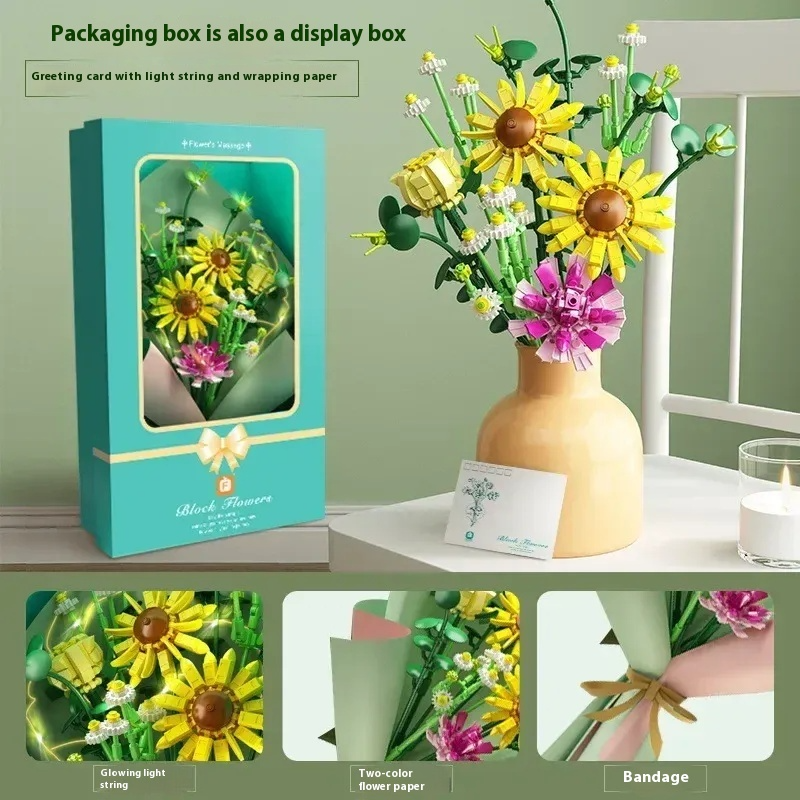 439PC Flower Bouquet Building Set Carnation Sunflower Chamomile with Light and Floral Paper