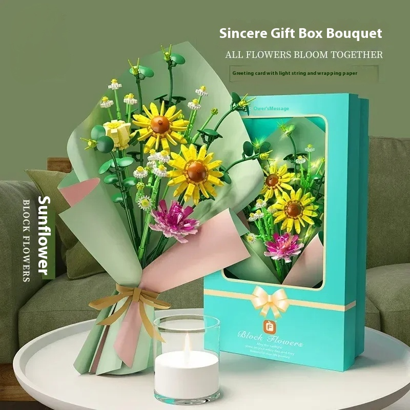 439PC Flower Bouquet Building Set Carnation Sunflower Chamomile with Light and Floral Paper