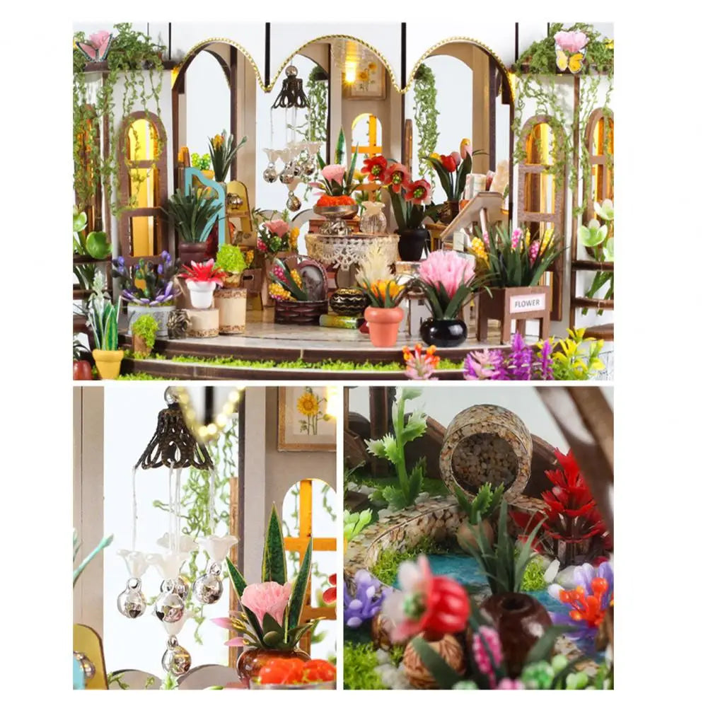DIY Miniature Wooden Puzzle Garden House Greenhouse with LED