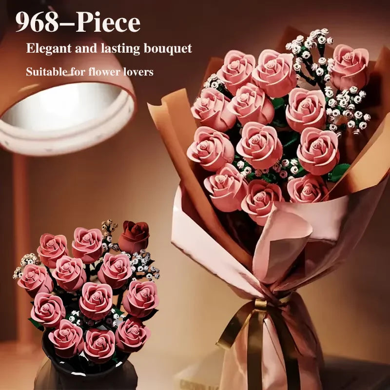 968 PCS Pink Roses Bouquet Bricks