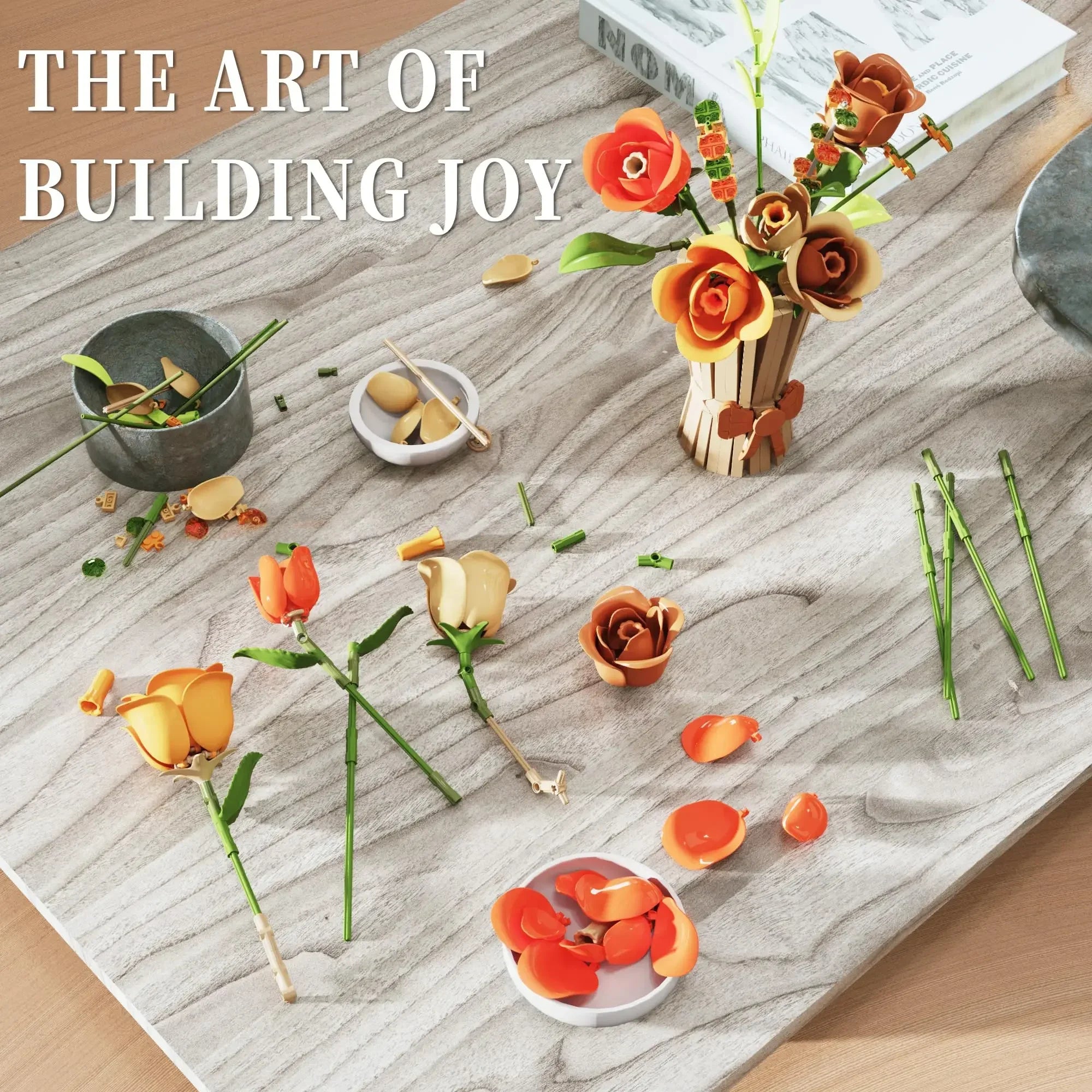 868PCS Autumn Eternal Rose with Vase Bricks Home Decoration