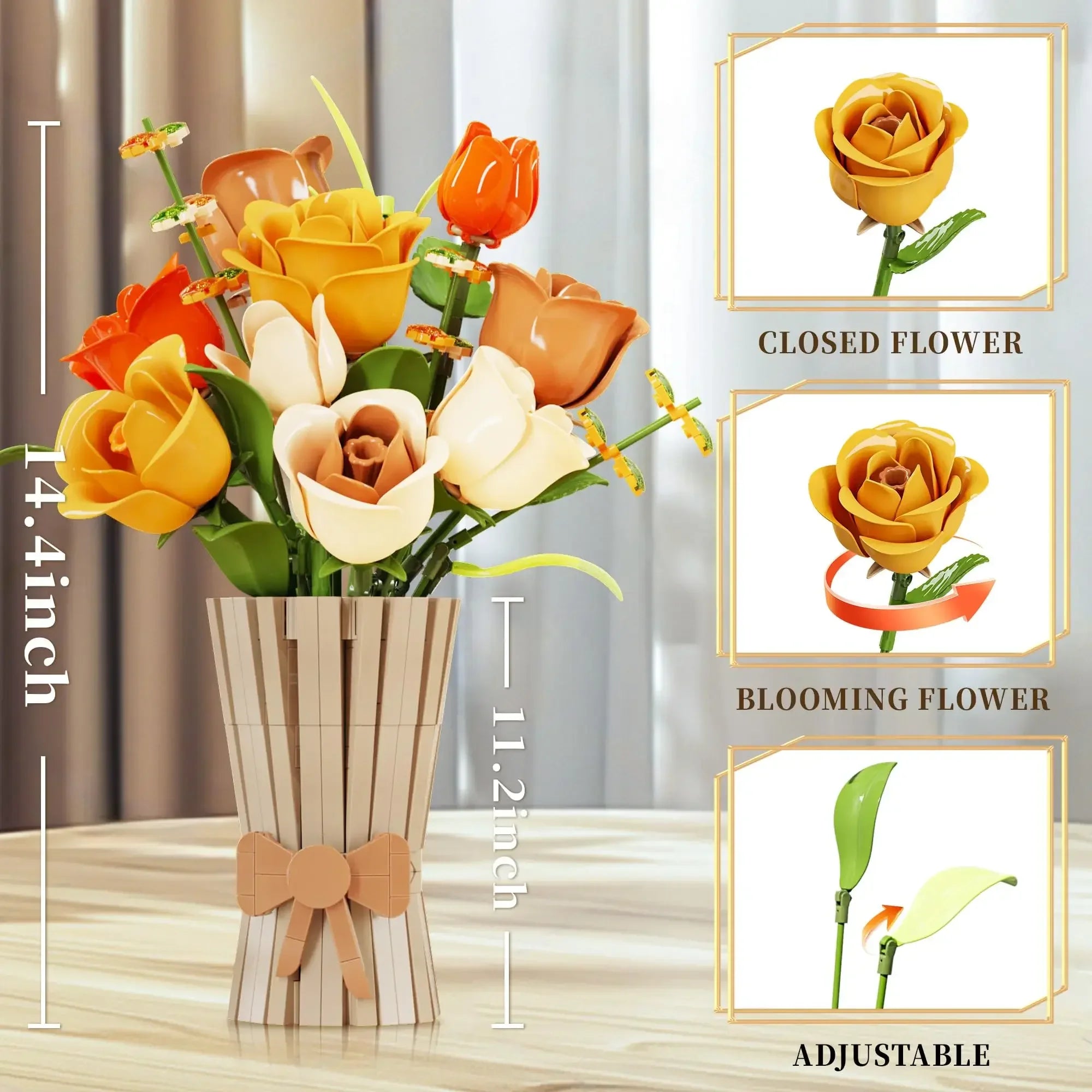 868PCS Autumn Eternal Rose with Vase Bricks Home Decoration