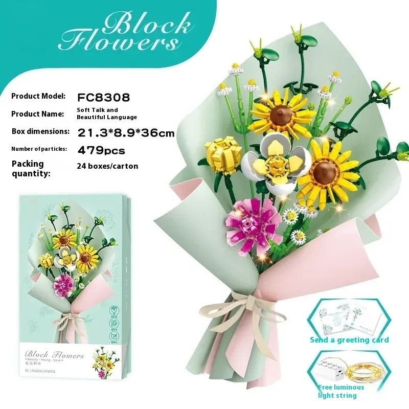 439PC Flower Bouquet Building Set Carnation Sunflower Chamomile with Light and Floral Paper