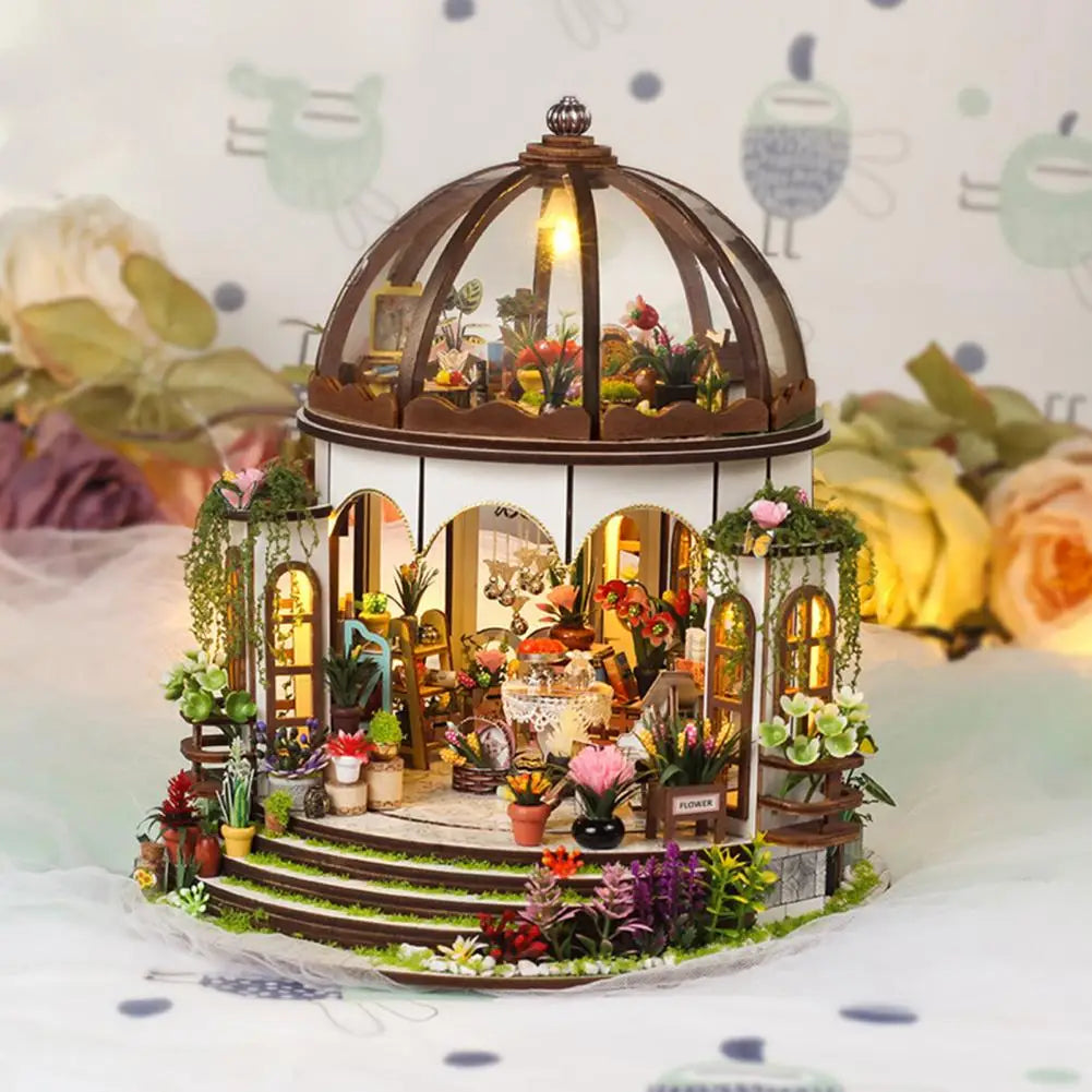 DIY Miniature Wooden Puzzle Garden House Greenhouse with LED