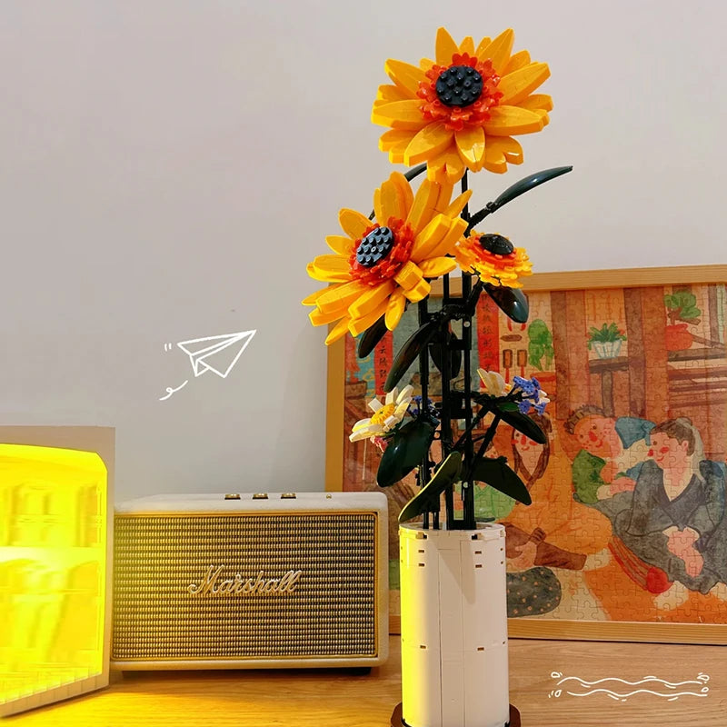 800 PCS Creative Sunflower Bouquet Potted Building Blocks for Home Decoration