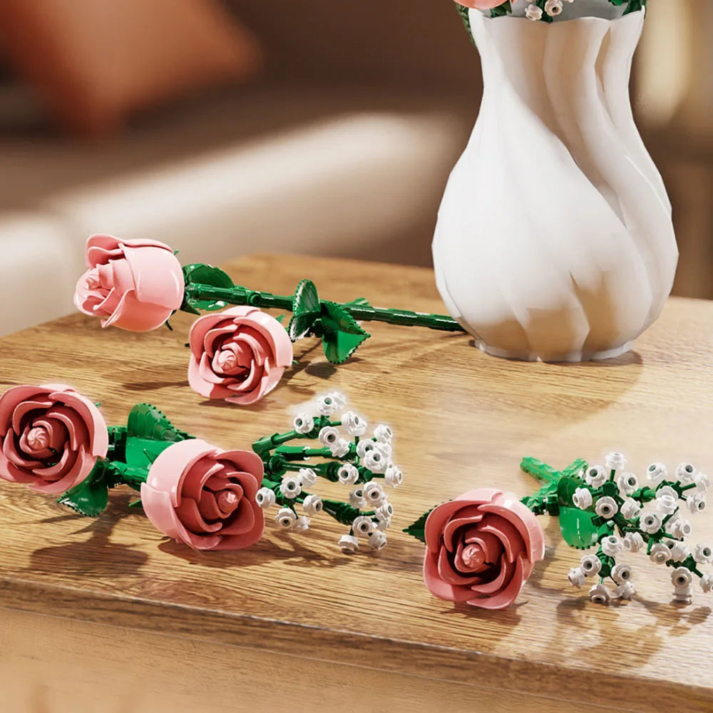 968 PCS Pink Roses Bouquet Bricks
