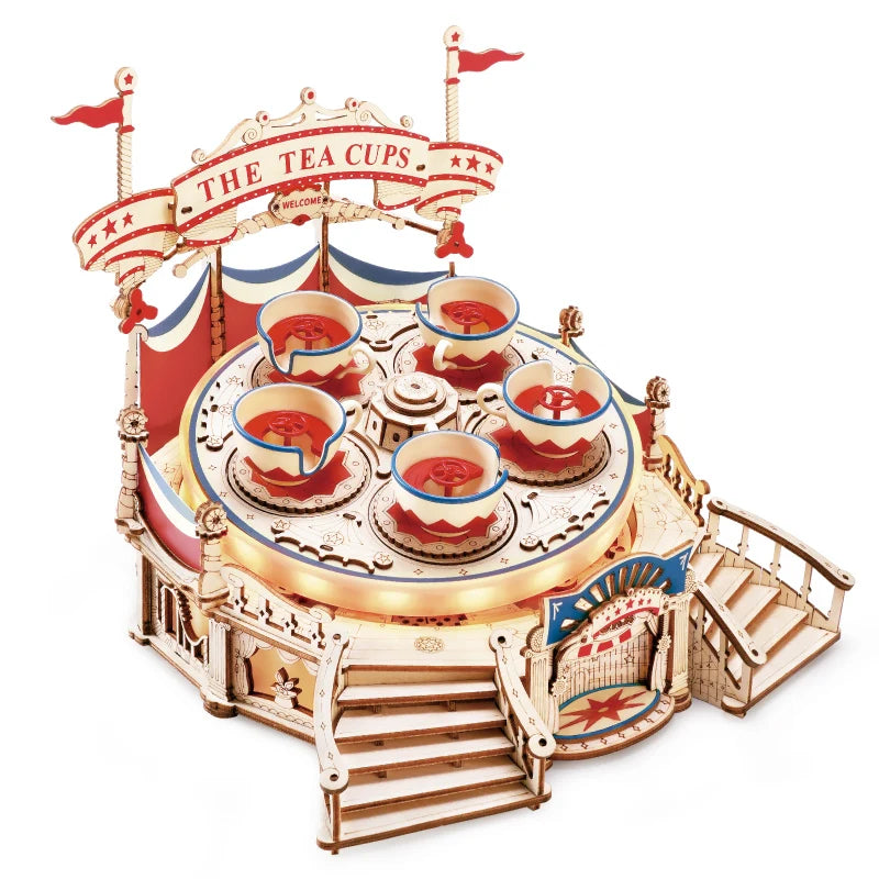 3D Wooden Puzzle Tilt-A-Whirl The Tea Cup Amusement Park with Motor and LED