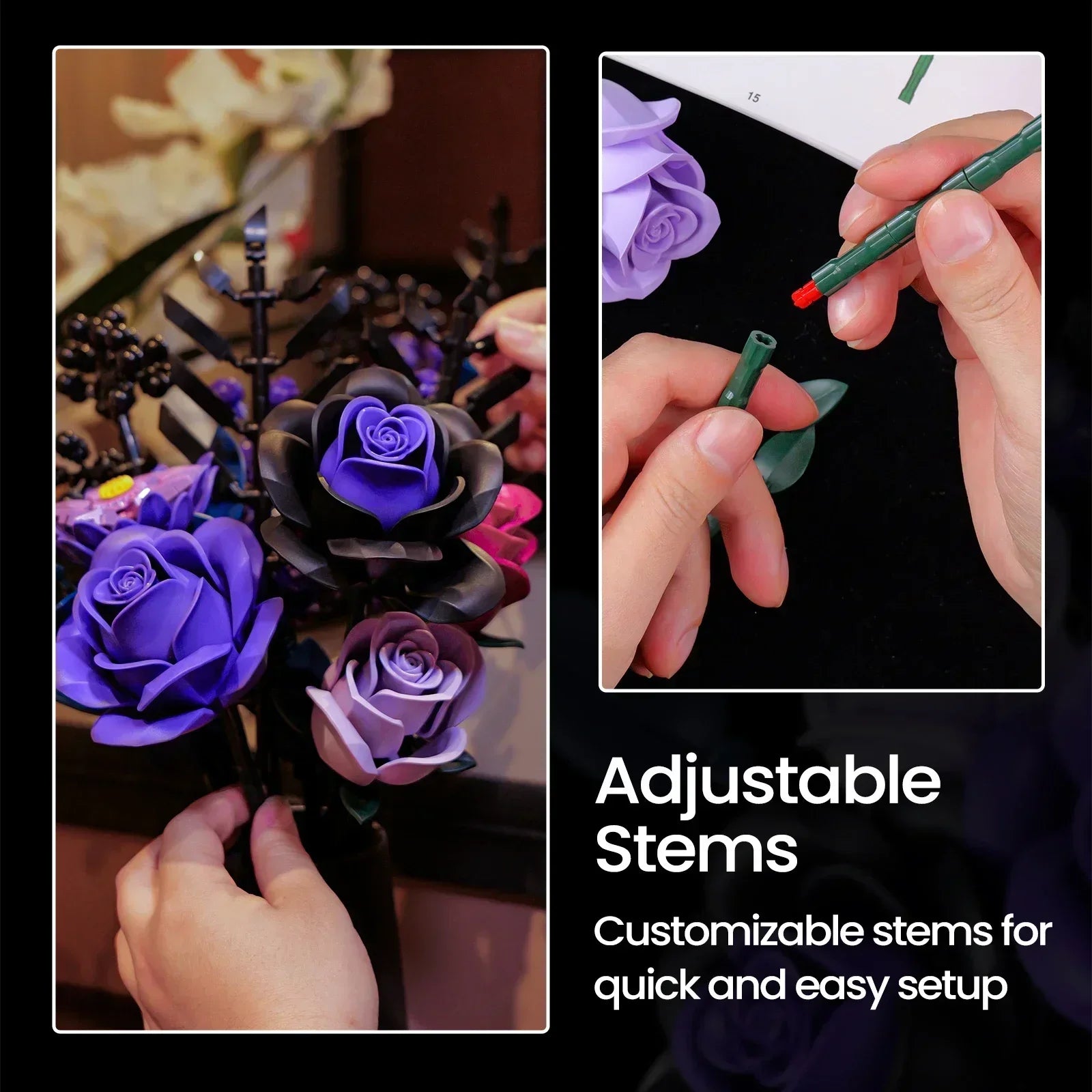 736 PCS Purple Rose Botanical Building Block with Gothic Decor