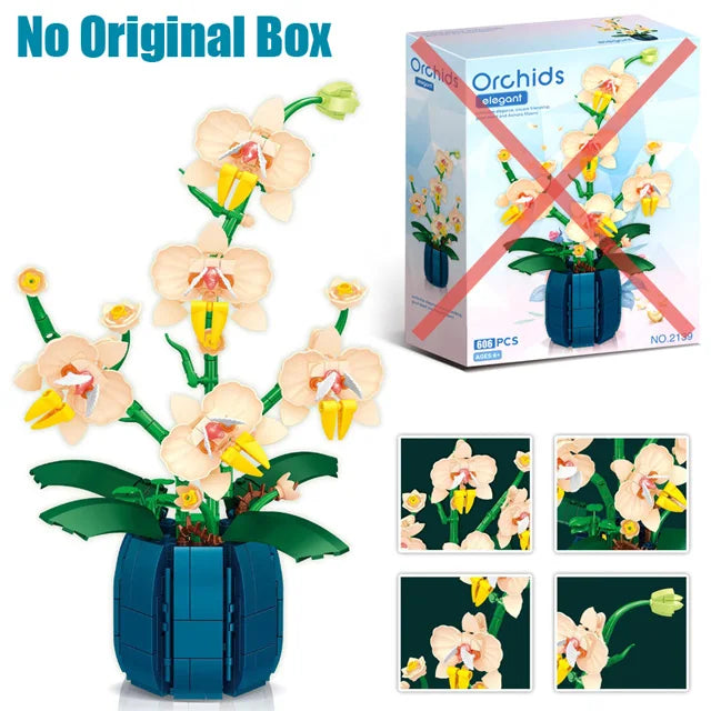 616PCS Pink and Yellow Orchid Flowers Bricks with Pot