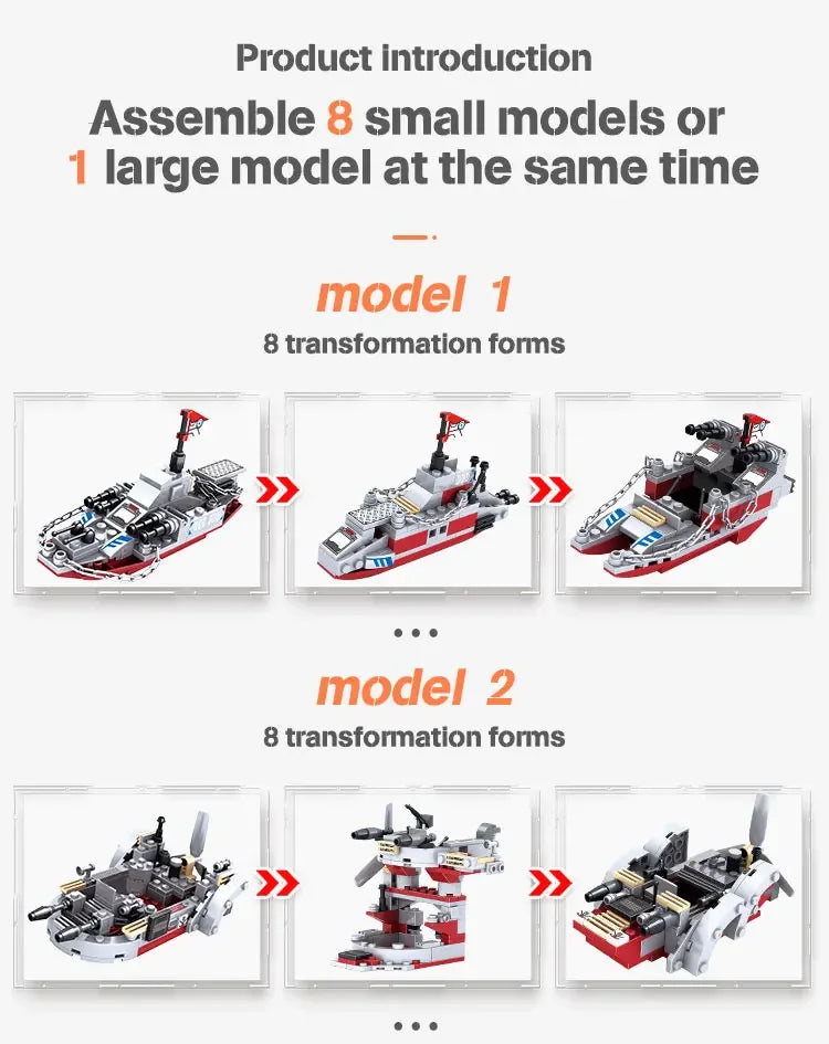 1068PCS 8in1 Navy Warships Building Blocks Chariot Ship Boat Plane